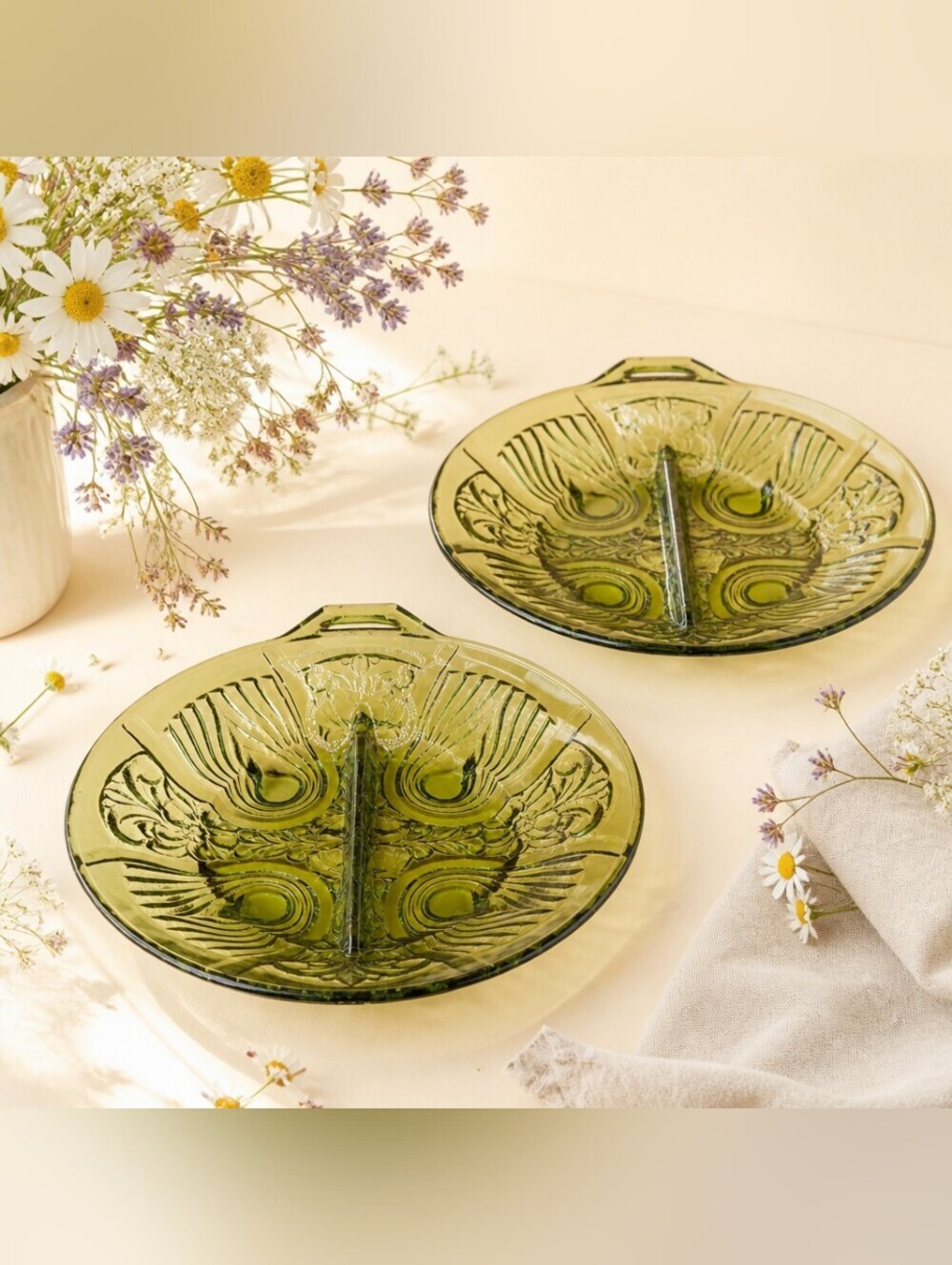 Green Pressed Glass Divided Serving Dishes - Set of 2